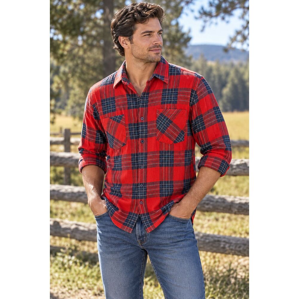 Dry Goods Saugatuck Mens Size Large Red Plaid Patchwork Flannel Shirt Fall Cozy